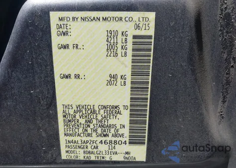 2015 Nissan Altima 2.5 S from USA, damaged, VIN 1N4AL3AP2FC468804